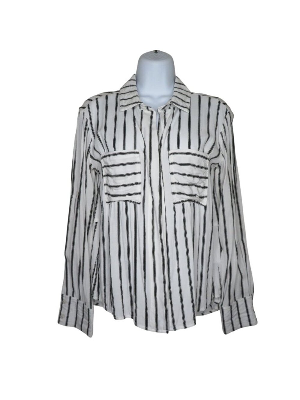 Womens White Black Striped Button-Up Blouse Size Small Long Sleeve Roll Tab